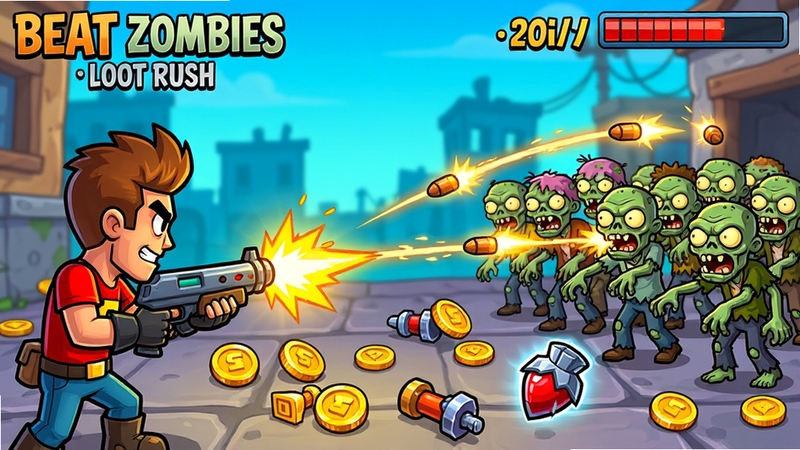 Beat Zombies: Loot Rush 战斗场景特写,角色在屏幕左侧自动射击,右侧涌来大量僵尸,子弹轨迹清晰可见,地面散落金币与道具,界面显示连击数与血量条,美式卡通风格,高饱和度色彩