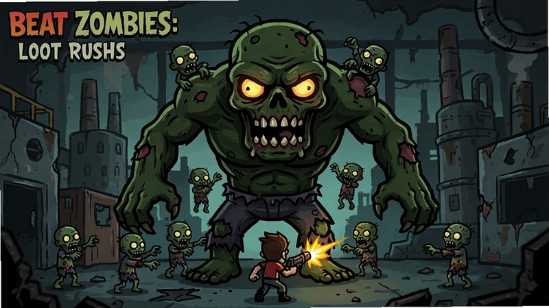 Beat Zombies: Loot Rush 巨型Boss战场景,画面中央为体型庞大的僵尸Boss,皮肤呈暗绿色,双眼发光,周围有小僵尸环绕,玩家角色在下方躲避攻击并射击,背景为废弃工厂,暗黑卡通风格