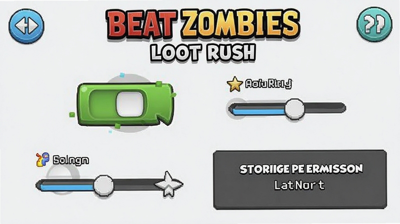 Beat Zombies: Loot Rush 手机端设置界面截图,显示自动射击开关、画质调节选项与存储权限提示,界面简洁,按钮清晰,卡通风格UI