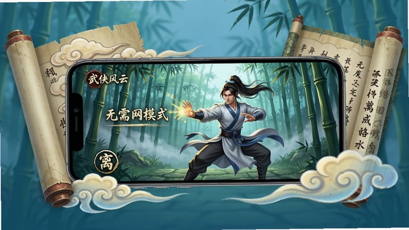 武侠风云 离线单机模式宣传图,手机屏幕中显示武侠角色在竹林中修炼,屏幕外环绕祥云与卷轴,突出无需网络的特点,画面明亮清晰,中国风元素丰富