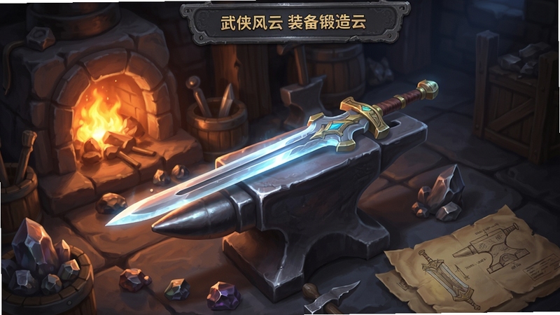 武侠风云 装备锻造界面,铁匠铺内炉火通红,铁砧上放置一把发光长剑,周围散落矿石与设计图,画面细节丰富,金属质感强烈