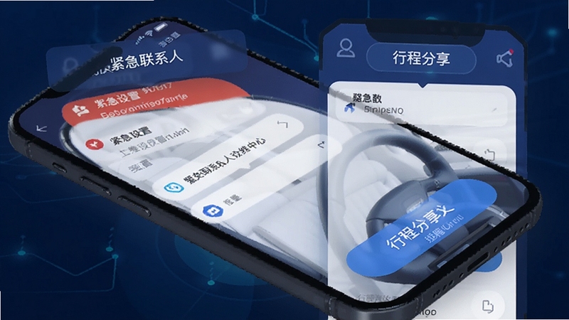 盛大司机端安全中心功能界面展示图,手机屏幕显示紧急联系人设置和行程分享按钮,背景为深蓝色科技感渐变,界面元素清晰整洁
