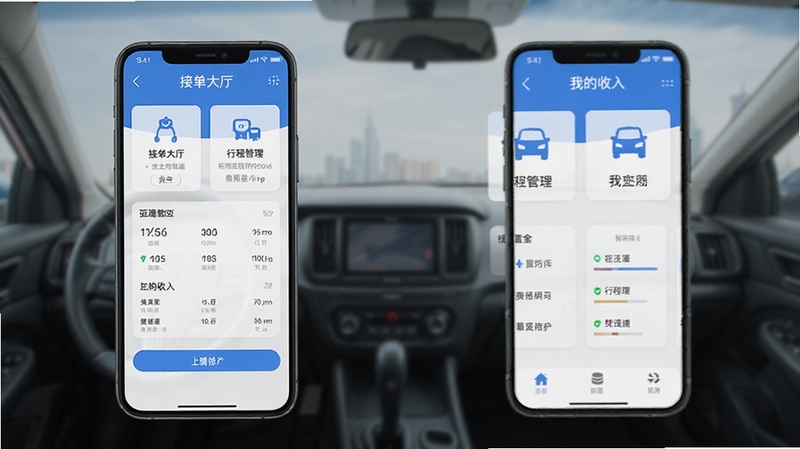盛大司机端APP主界面功能布局展示图,手机屏幕显示接单大厅、行程管理、我的收入等核心功能模块入口,界面简洁清晰,浅色背景配合蓝色主题色调,适合软件下载站展示