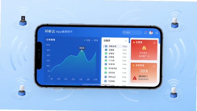 请生成一张环析云软件主界面预览图,画面中央为手机屏幕,屏幕内展示环析云App的数据仪表盘,包含曲线图、设备列表和告警卡片,背景为浅蓝色科技感渐变,四周点缀物联网信号波纹与传感器图标,整体风格简洁明亮,适合软件下载站展示。