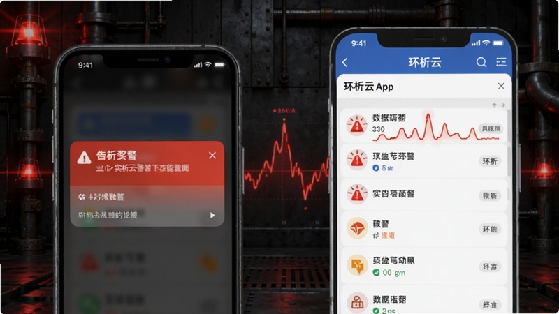 请生成一张环析云告警推送功能示意图,画面左侧为手机弹出告警通知卡片,右侧为环析云App内告警记录列表,背景为深色工业风,带有红色警示光效与数据波动线条,突出实时告警的紧迫感与科技感。