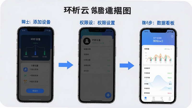请生成一张环析云App操作指引图,画面为手机屏幕截图风格,展示添加设备、权限设置、数据看板三个步骤的界面示意,背景为柔和浅灰色,带有蓝色引导箭头与文字标注,整体清晰易懂,适合新手教程配图。