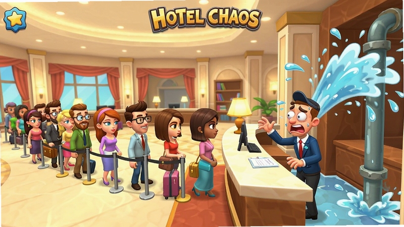 Hotel Chaos 游戏画面展示,酒店大堂内客人们排起长队,前台员工手忙脚乱,旁边有水管喷水特效,画面充满喜剧感,卡通风格,明亮色调