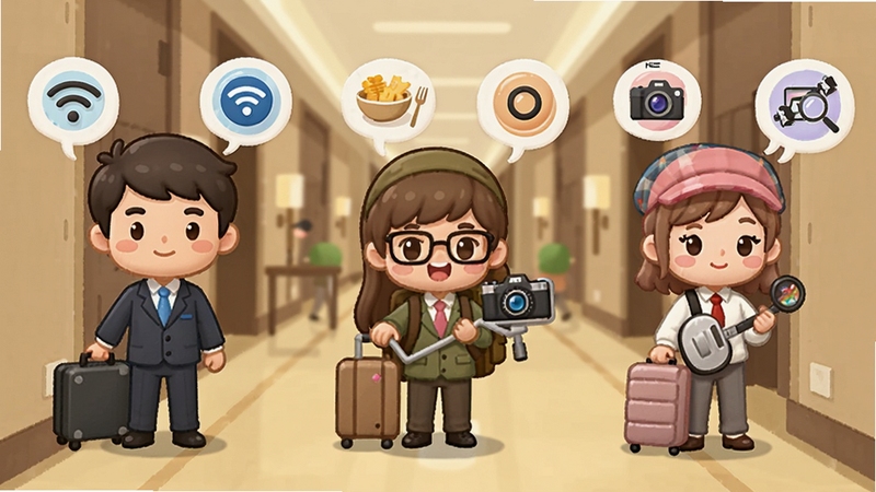 Hotel Chaos 客人类型展示图,画面中分别绘制商务客、旅行团、网红等角色,每个角色旁有对应的需求图标,如Wi-Fi、早餐、拍照背景等,卡通风格,背景是酒店走廊