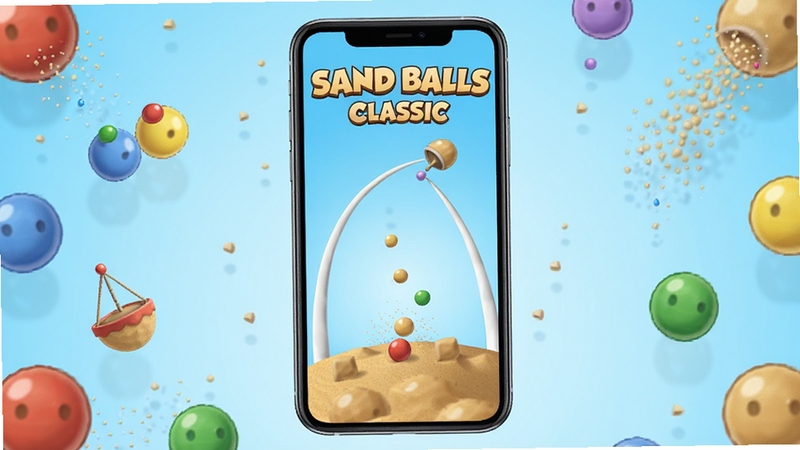整体画面展示Sand Balls Classic游戏主界面,中心位置放置一部智能手机,屏幕显示沙球弹射关卡场景,背景为浅蓝色渐变,周围散落彩色小球和沙粒元素,风格清新明快,适配Boogu模型生成