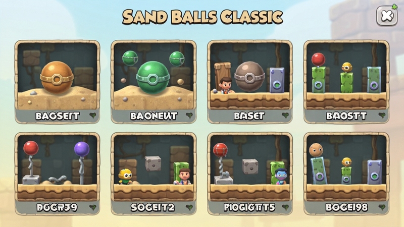 Sand Balls Classic关卡选择界面,展示多个不同难度的关卡缩略图,每张缩略图呈现不同颜色的沙球和障碍布局,背景为柔和的浅色渐变,适配Boogu模型生成