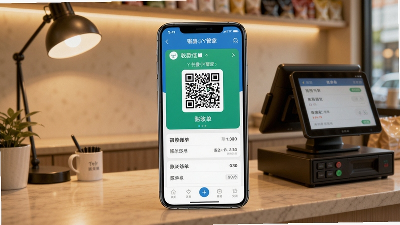 银盛小Y管家应用主界面全貌展示,画面中央为手机屏幕显示收款码与账单列表,背景为整洁的店铺收银台场景,暖色调灯光,写实风格,高清细节