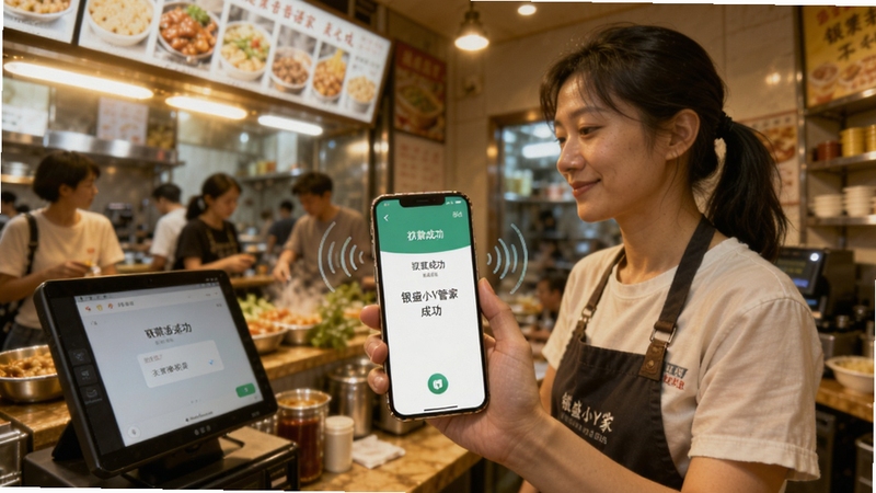 银盛小Y管家语音播报功能场景图,画面主体为商户手持手机在店铺忙碌,手机屏幕显示收款成功界面并伴有声波图标,背景为热闹的小吃店环境,暖色光晕,写实摄影风格