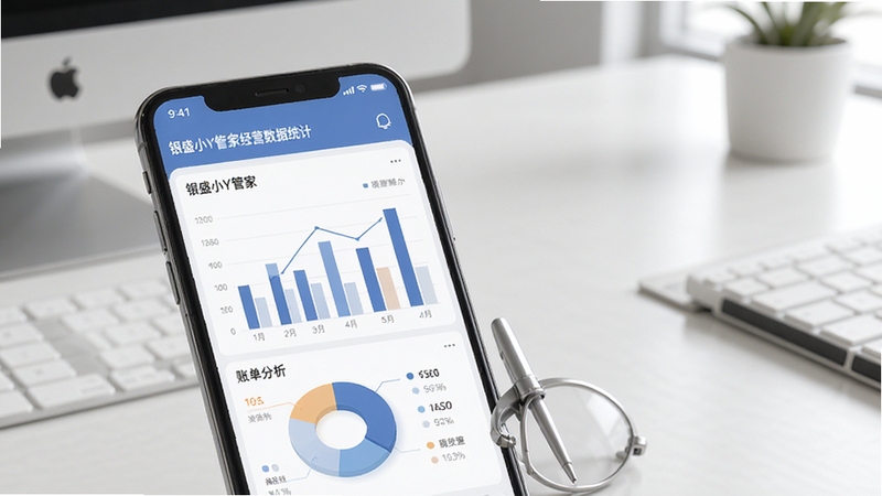 银盛小Y管家经营数据统计界面图,画面主体为手机屏幕展示柱状图与饼状图账单分析,背景为干净的办公桌面,简约商务风格,柔和光线,高清渲染