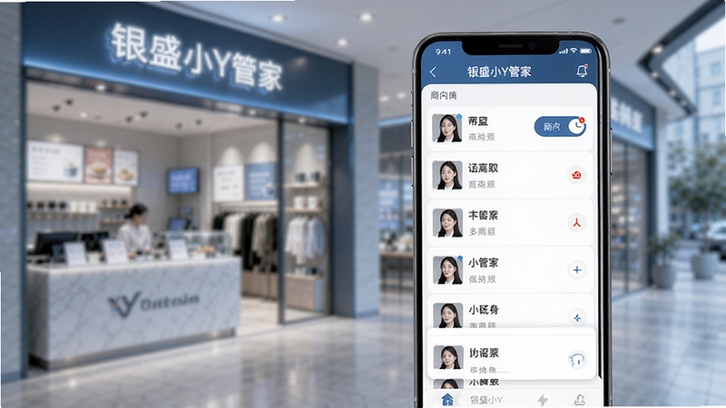 银盛小Y管家多商户管理界面图,画面主体为手机屏幕显示商户列表切换界面,背景为连锁店铺场景虚化,现代简约风格,冷色调,高清细节