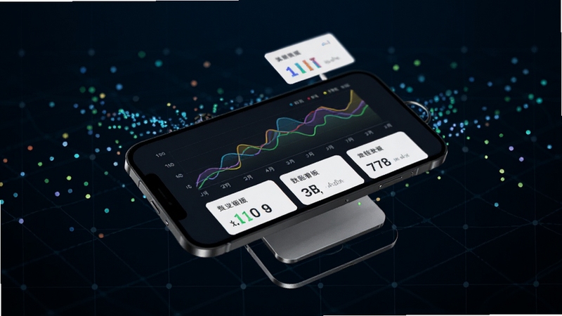 指南针智能数据看板界面展示,画面主体为悬浮的手机屏幕,屏幕内显示彩色折线图与数据卡片,背景区域为深色科技网格与光点粒子,营造数据分析的专业氛围。