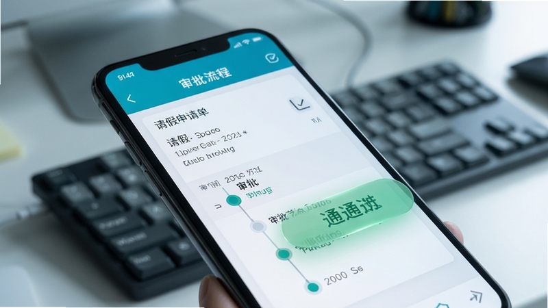 青计云办公审批流程界面特写,画面主体为手机屏幕中的审批详情页,显示请假申请单和审批节点时间轴,屏幕前方悬浮一枚半透明的绿色通过按钮,背景区域为办公桌面与键盘的虚化影像,整体色调偏冷灰与青蓝,突出效率感,适配Boogu模型生成