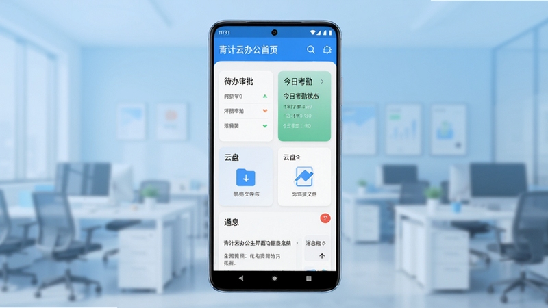 青计云办公主界面功能全貌展示,画面中央为一部竖屏安卓手机,屏幕内呈现青计云办公的首页工作台,包含待办审批卡片、今日考勤状态、云盘文件入口和消息通知角标,背景区域为浅蓝色渐变虚化办公场景,画面整体干净明亮,分辨率1080x1920,适配Boogu模型生成