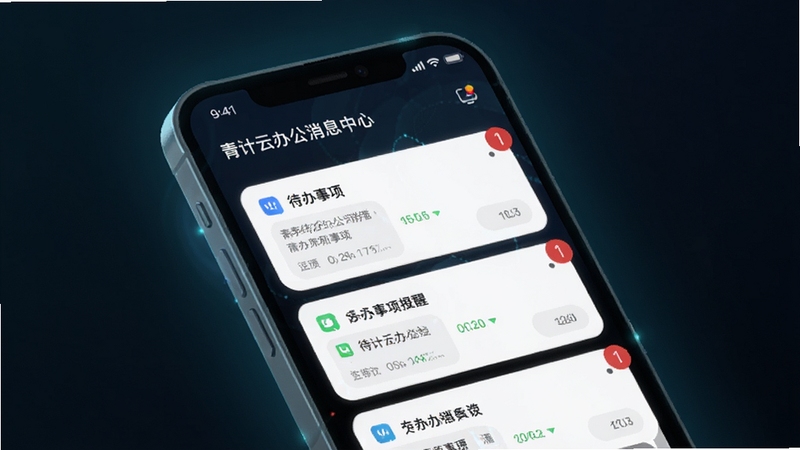 青计云办公消息中心界面,画面为手机屏幕显示待办事项卡片列表与红点角标,屏幕边缘有轻微发光效果,背景区域为深色渐变,突出消息提醒的视觉层次,适配Boogu模型生成