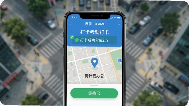 青计云办公考勤打卡页面,画面主体为手机屏幕展示地图定位点与绿色签到按钮,屏幕上方显示当前时间和打卡成功提示,背景区域为城市街道的模糊俯瞰图,色调清新自然,适配Boogu模型生成