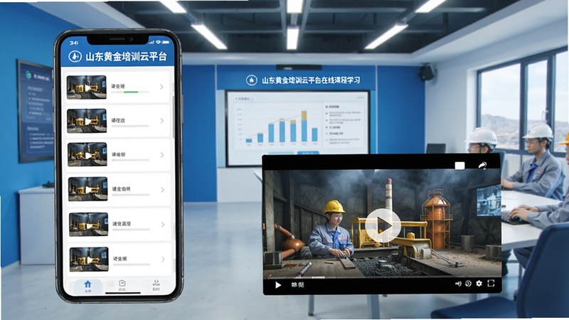山东黄金培训云平台在线课程学习界面,手机屏幕显示课程分类列表与视频播放窗口,背景为现代化矿区培训教室,蓝白色调,扁平化设计风格,细节清晰
