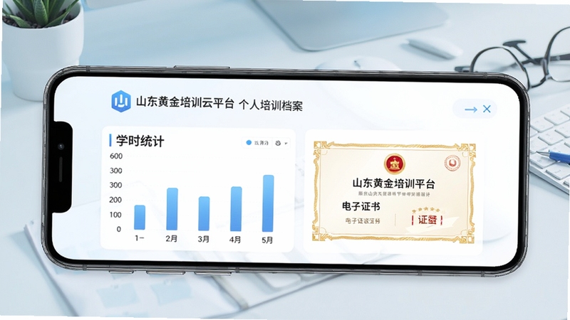 山东黄金培训云平台个人培训档案页面,手机屏幕展示学时统计图表与电子证书卡片,背景为简洁办公桌面,浅蓝色调,清爽商务风格