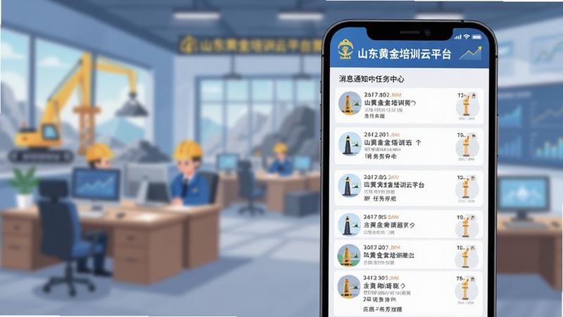 山东黄金培训云平台消息通知中心界面,手机屏幕显示多条培训通知与任务提醒,背景为矿区办公场景虚化,蓝白色调,扁平插画风格