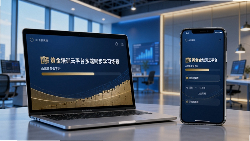 山东黄金培训云平台多端同步学习场景,左侧笔记本电脑与右侧智能手机同时显示相同课程进度,背景为现代企业办公环境,蓝金色调,简洁科技风格