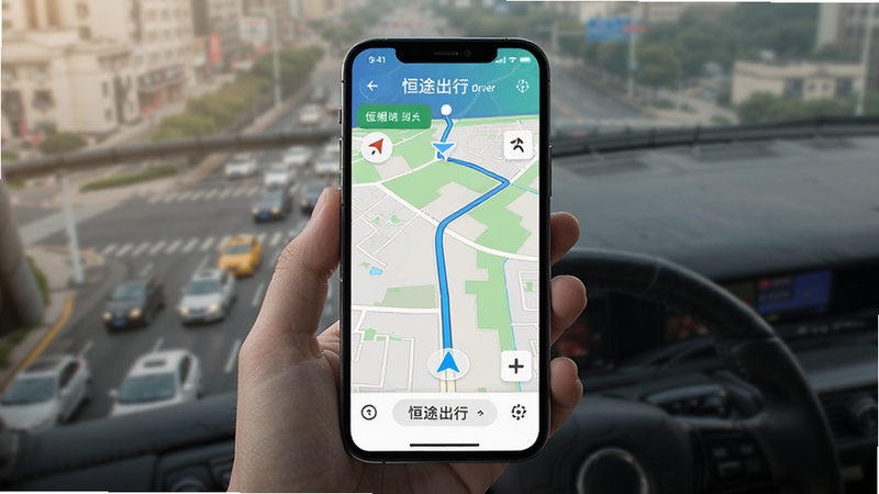 恒途出行司机端行程导航界面展示,手机屏幕显示地图路线与导航箭头,背景为城市道路俯瞰图,光线柔和,突出恒途出行司机端路线规划功能,高清细节