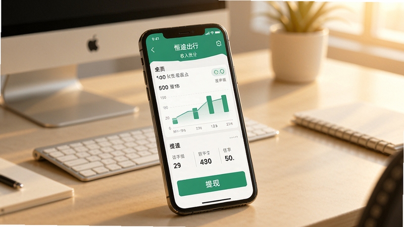 恒途出行司机端收入统计页面展示,手机屏幕显示收入图表与提现按钮,背景为简约办公桌面,光线温暖,突出恒途出行司机端收入管理功能,写实风格