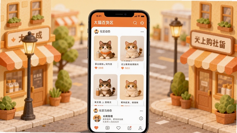 大猫百货社区应用主界面全貌展示,画面中央为手机屏幕,屏幕内呈现商品瀑布流与社区动态卡片,背景区域为暖色调的虚拟街区插画,包含商铺、路灯与绿植元素,整体风格温馨明快,突出掌上购物与社区交流氛围