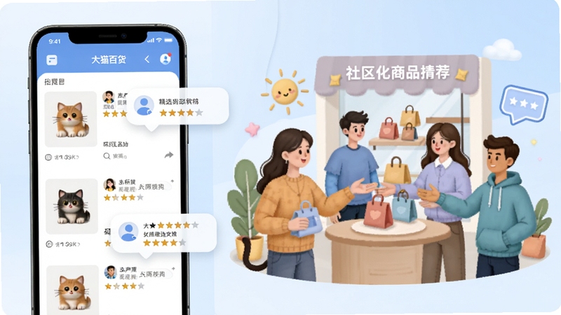 大猫百货社区社区化商品精选功能展示,画面左侧为手机界面显示商品列表与用户评价气泡,右侧为虚拟社区场景中人们互相推荐商品的插画,背景区域为柔和的浅蓝色渐变,突出社区互动与精选推荐主题