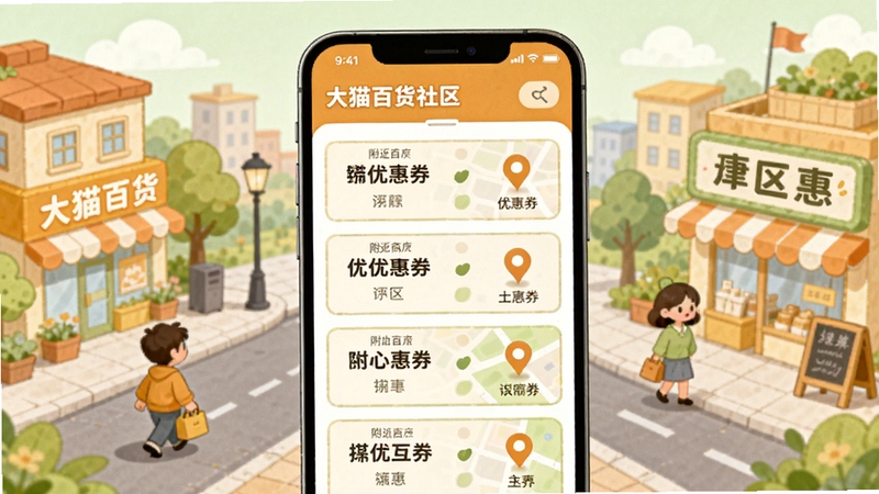 大猫百货社区本地生活优惠聚合功能场景,画面中央为手机屏幕展示附近商户优惠券列表与地图标记点,背景区域为社区街道与商铺的卡通插画,色彩以橙黄与浅绿为主,体现便捷实惠的本地购物体验