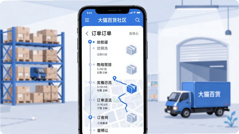 大猫百货社区订单管理与物流跟踪界面,画面主体为手机屏幕显示订单时间轴与包裹轨迹地图,背景区域为简洁的仓储货架与配送车辆插画,色调以蓝白为主,突出高效有序的订单管理体验