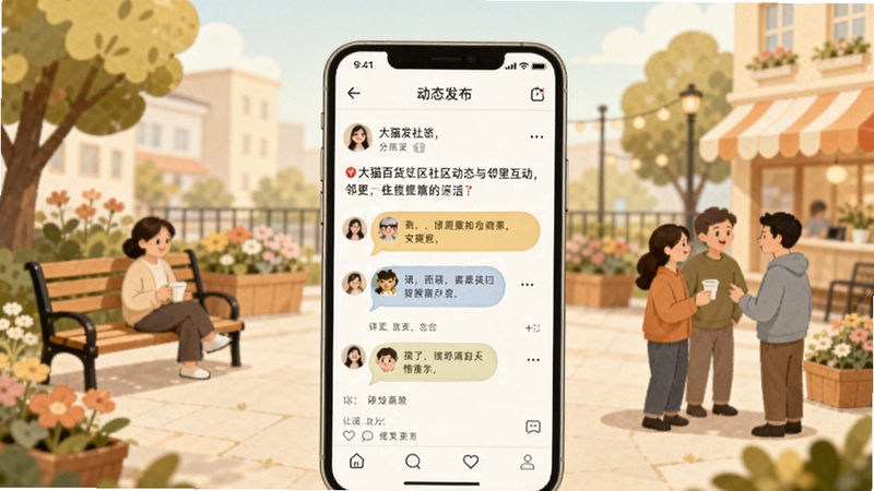 大猫百货社区社区动态与邻里互动场景,画面中央为手机屏幕展示动态发布界面与评论互动气泡,背景区域为温馨的社区广场插画,包含长椅、花坛与聊天的人群,色彩温暖柔和,体现邻里交流氛围