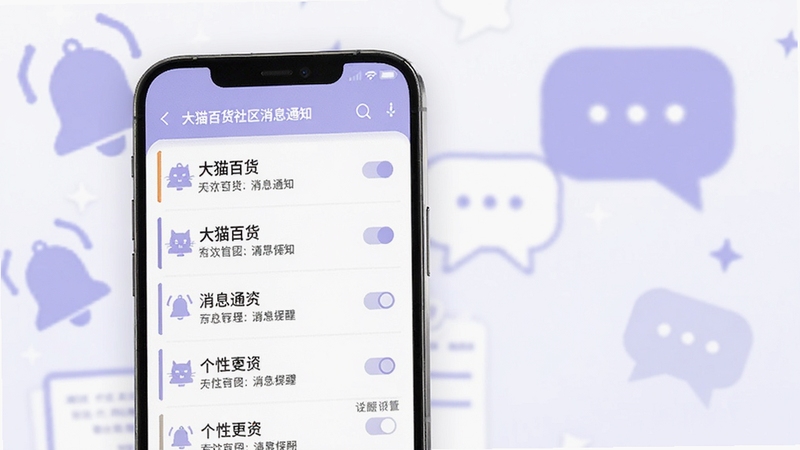 大猫百货社区消息通知与个性化提醒功能界面,画面主体为手机屏幕显示通知列表与开关设置项,背景区域为抽象的铃铛与对话气泡装饰元素,色调以浅紫与白色为主,突出清晰有序的消息管理