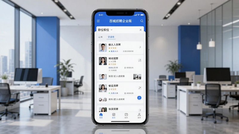 一款名为百城招聘企业版的手机应用界面展示图,画面中央为手机屏幕,屏幕内呈现企业招聘管理后台的职位列表与候选人简历卡片,背景为现代化的办公室环境,色调以蓝色和白色为主,整体风格简洁商务,适配Boogu模型生成