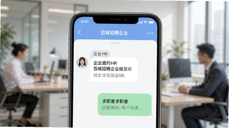 百城招聘企业版在线沟通功能展示图,手机屏幕内呈现聊天对话框,左侧为企业HR发送的面试邀约消息,右侧为求职者回复内容,界面配色柔和,背景为模糊的办公场景,突出沟通便捷性