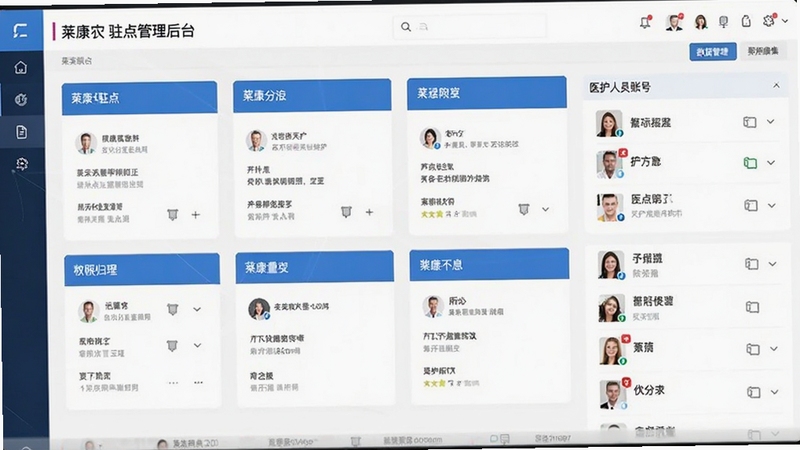 莱康宁驻点管理后台界面示意图,显示多个驻点分组卡片与医护人员账号列表,界面风格简洁商务,蓝白配色,突出权限管理与数据归集功能