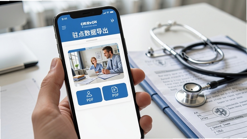 手机屏幕显示莱康宁驻点数据导出界面,有图片和PDF两个选项按钮,背景为医生办公桌,桌上有听诊器和病历本,突出医疗数据分享场景