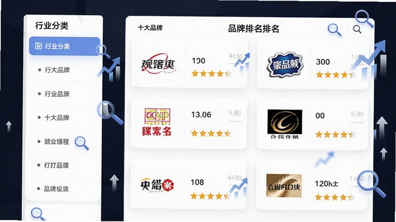 十大品牌CNPP品牌榜单页面展示,画面左侧为行业分类导航栏,右侧为品牌排名列表,每个品牌配有logo位置与评分星级,背景为白色卡片式布局,点缀数据上升箭头与放大镜图标,整体呈现专业数据工具风格