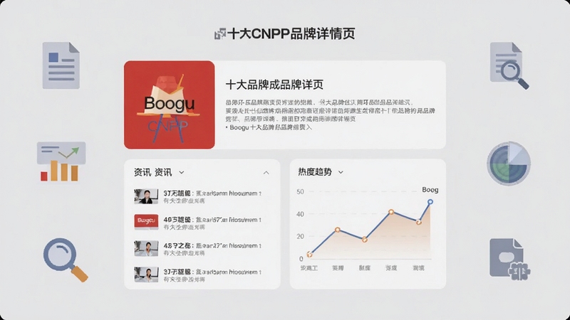 十大品牌CNPP品牌详情页界面,画面中央展示品牌介绍卡片、资讯列表与热度趋势图,背景为淡灰色极简风格,周围有文档、图表、放大镜等扁平化图标,整体安静专业适合Boogu生成