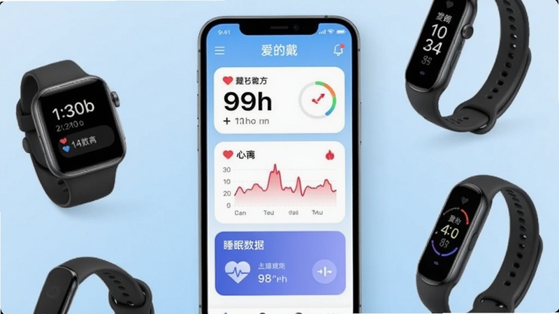 爱戴应用主界面展示图,画面中央为一部智能手机,屏幕上显示爱戴APP的首页,包含步数统计、心率图表和睡眠数据卡片,背景为浅蓝色渐变,四周环绕智能手表和手环设备,整体风格清新科技感,适配Boogu模型生成