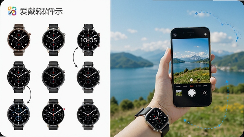 爱戴表盘更换与遥控拍照示意图,画面左侧展示多种表盘样式缩略图,右侧展示用户用手表遥控手机拍照的场景,背景为户外风景,整体色彩明快,画面中标注爱戴软件名称