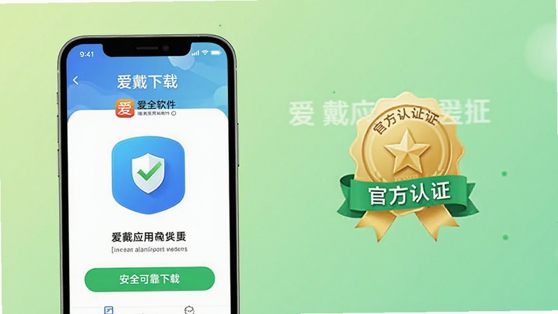 爱戴应用安全下载页面示意图,画面展示手机屏幕上爱戴下载页面,带有盾牌安全标识和官方认证徽章,背景为浅绿色渐变,突出安全可靠下载,画面中带有爱戴软件名称