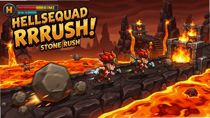 Hellsquad Rrrush! Stone Rush 游戏画面,地狱小队角色在岩浆赛道奔跑,滚石与火焰机关,动感卡通风格