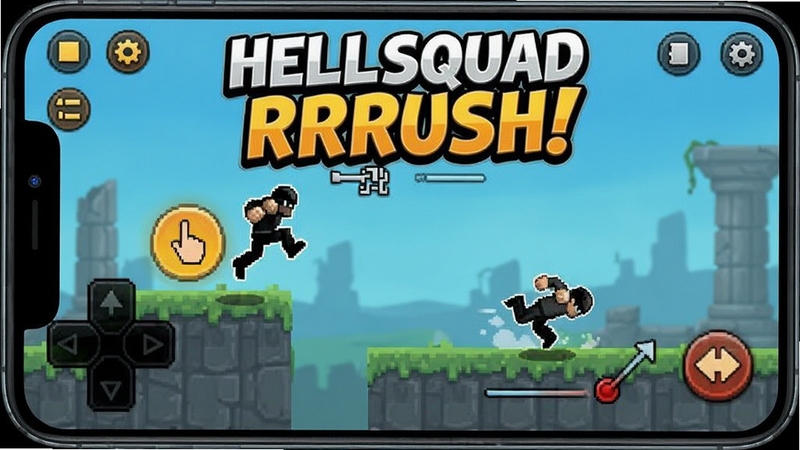 Hellsquad Rrrush! Stone Rush 手机操作界面,单指点击跳跃与滑动翻滚演示,简洁UI
