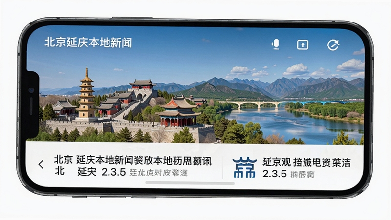 北京延庆 2.3.5版本 应用主界面展示 手机屏幕上方显示北京延庆本地新闻资讯 背景为延庆地标建筑与自然风光 画面明亮清晰 适配Boogu模型生成