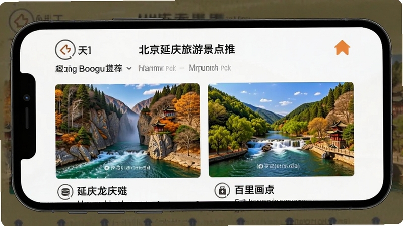 北京延庆 旅游景点推荐页面展示 手机屏幕显示延庆龙庆峡与百里画廊风景图 画面色彩丰富 适合Boogu模型生成