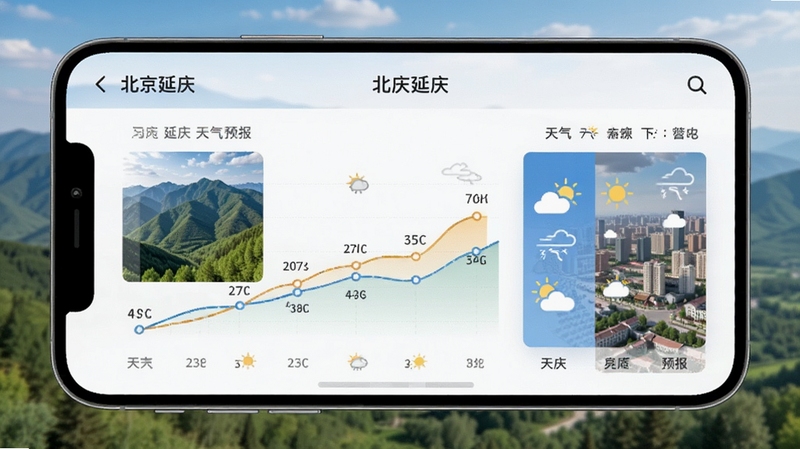 北京延庆 天气预报页面展示 手机屏幕显示延庆未来一周天气趋势图 配图包含延庆山区与城区天气对比 画面清新自然 适合Boogu模型生成