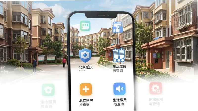 北京延庆 便民服务页面展示 手机屏幕显示生活缴费与查询功能图标 配图包含延庆居民小区生活场景 画面温馨实用 适合Boogu模型生成